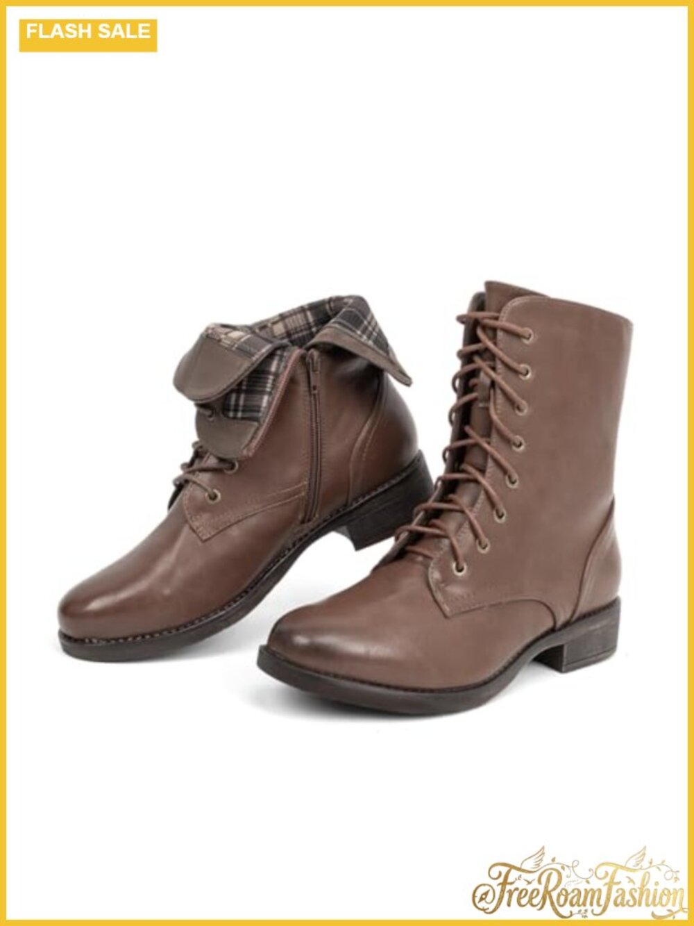 Mid Calf Combat Boots Lace-Up Low Heel Faux Leather Water Resistant